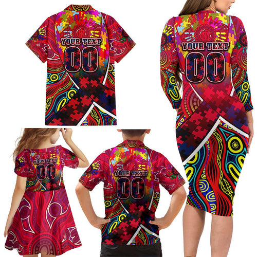Autism Awareness Australia Melbourne Demons Family Matching Long Sleeve Bodycon Dress and Hawaiian Shirt Aboriginal Indigenous Art