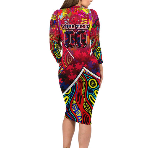 Autism Awareness Australia Melbourne Demons Family Matching Long Sleeve Bodycon Dress and Hawaiian Shirt Aboriginal Indigenous Art