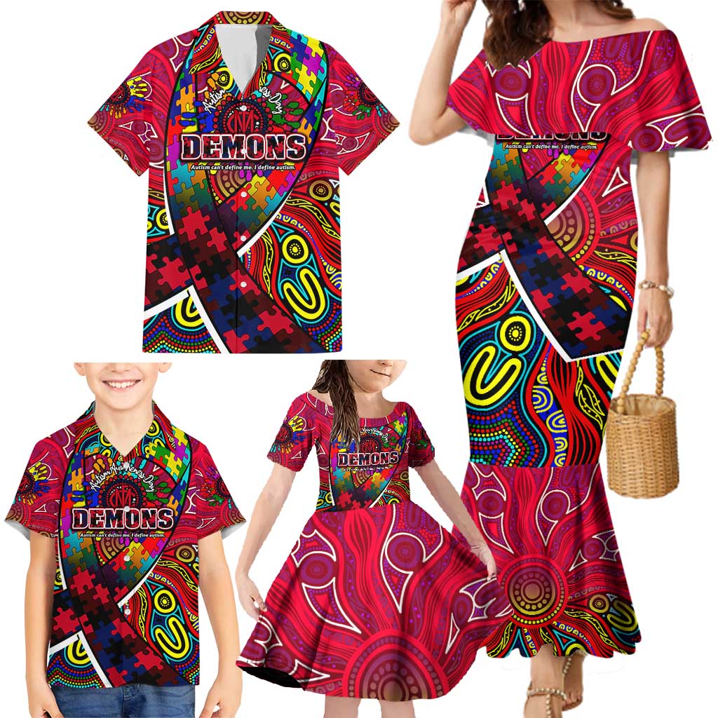 Autism Awareness Australia Melbourne Demons Family Matching Mermaid Dress and Hawaiian Shirt Aboriginal Indigenous Art
