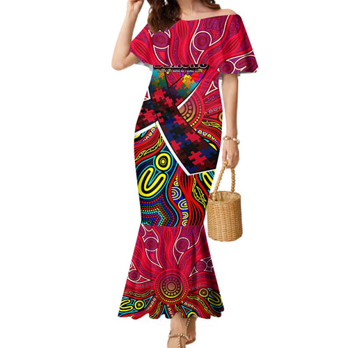 Autism Awareness Australia Melbourne Demons Family Matching Mermaid Dress and Hawaiian Shirt Aboriginal Indigenous Art