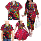 Autism Awareness Australia Melbourne Demons Family Matching Off The Shoulder Long Sleeve Dress and Hawaiian Shirt Aboriginal Indigenous Art