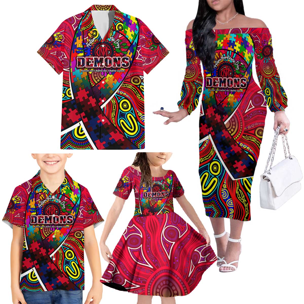 Autism Awareness Australia Melbourne Demons Family Matching Off The Shoulder Long Sleeve Dress and Hawaiian Shirt Aboriginal Indigenous Art
