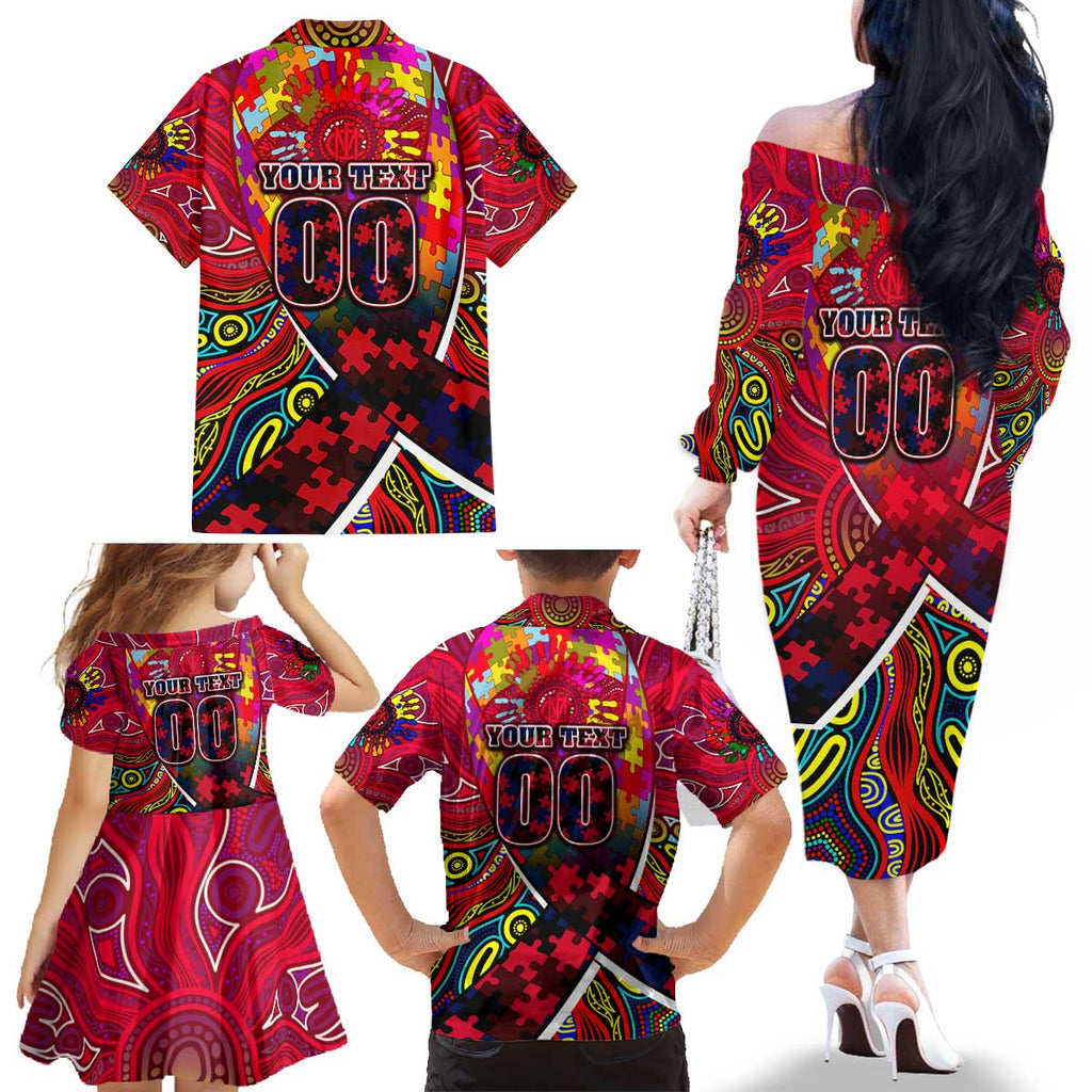 Autism Awareness Australia Melbourne Demons Family Matching Off The Shoulder Long Sleeve Dress and Hawaiian Shirt Aboriginal Indigenous Art