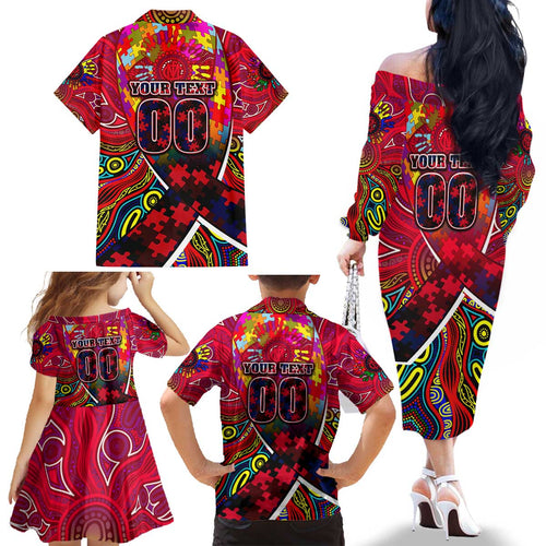 Autism Awareness Australia Melbourne Demons Family Matching Off The Shoulder Long Sleeve Dress and Hawaiian Shirt Aboriginal Indigenous Art