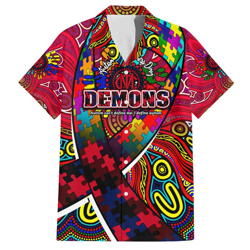 Autism Awareness Australia Melbourne Demons Family Matching Off The Shoulder Long Sleeve Dress and Hawaiian Shirt Aboriginal Indigenous Art