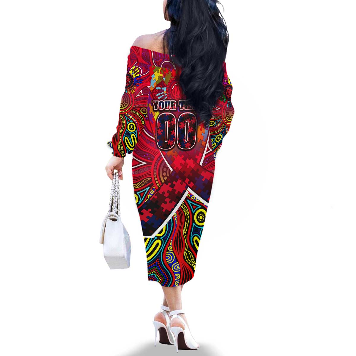 Autism Awareness Australia Melbourne Demons Family Matching Off The Shoulder Long Sleeve Dress and Hawaiian Shirt Aboriginal Indigenous Art
