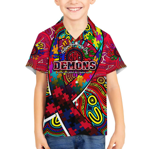 Autism Awareness Australia Melbourne Demons Family Matching Off The Shoulder Long Sleeve Dress and Hawaiian Shirt Aboriginal Indigenous Art