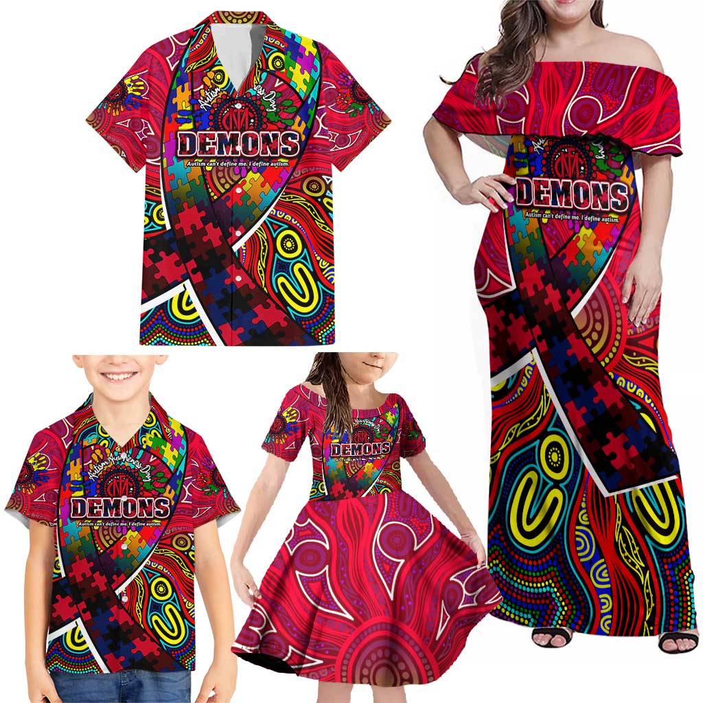 Autism Awareness Australia Melbourne Demons Family Matching Off Shoulder Maxi Dress and Hawaiian Shirt Aboriginal Indigenous Art