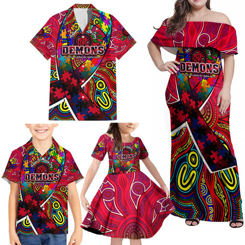 Autism Awareness Australia Melbourne Demons Family Matching Off Shoulder Maxi Dress and Hawaiian Shirt Aboriginal Indigenous Art