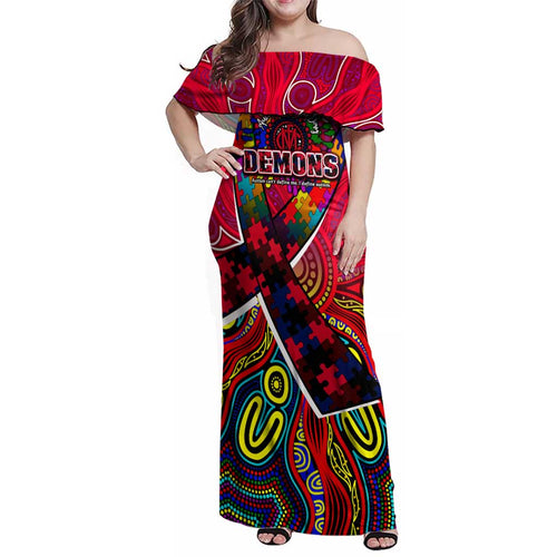 Autism Awareness Australia Melbourne Demons Family Matching Off Shoulder Maxi Dress and Hawaiian Shirt Aboriginal Indigenous Art