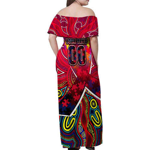Autism Awareness Australia Melbourne Demons Family Matching Off Shoulder Maxi Dress and Hawaiian Shirt Aboriginal Indigenous Art