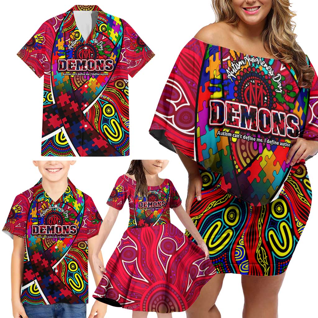 Autism Awareness Australia Melbourne Demons Family Matching Off Shoulder Short Dress and Hawaiian Shirt Aboriginal Indigenous Art