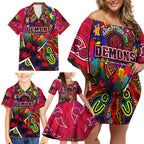 Autism Awareness Australia Melbourne Demons Family Matching Off Shoulder Short Dress and Hawaiian Shirt Aboriginal Indigenous Art