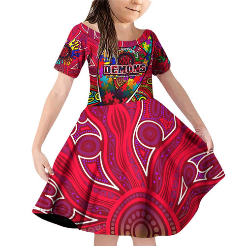 Autism Awareness Australia Melbourne Demons Family Matching Off Shoulder Short Dress and Hawaiian Shirt Aboriginal Indigenous Art