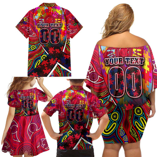 Autism Awareness Australia Melbourne Demons Family Matching Off Shoulder Short Dress and Hawaiian Shirt Aboriginal Indigenous Art