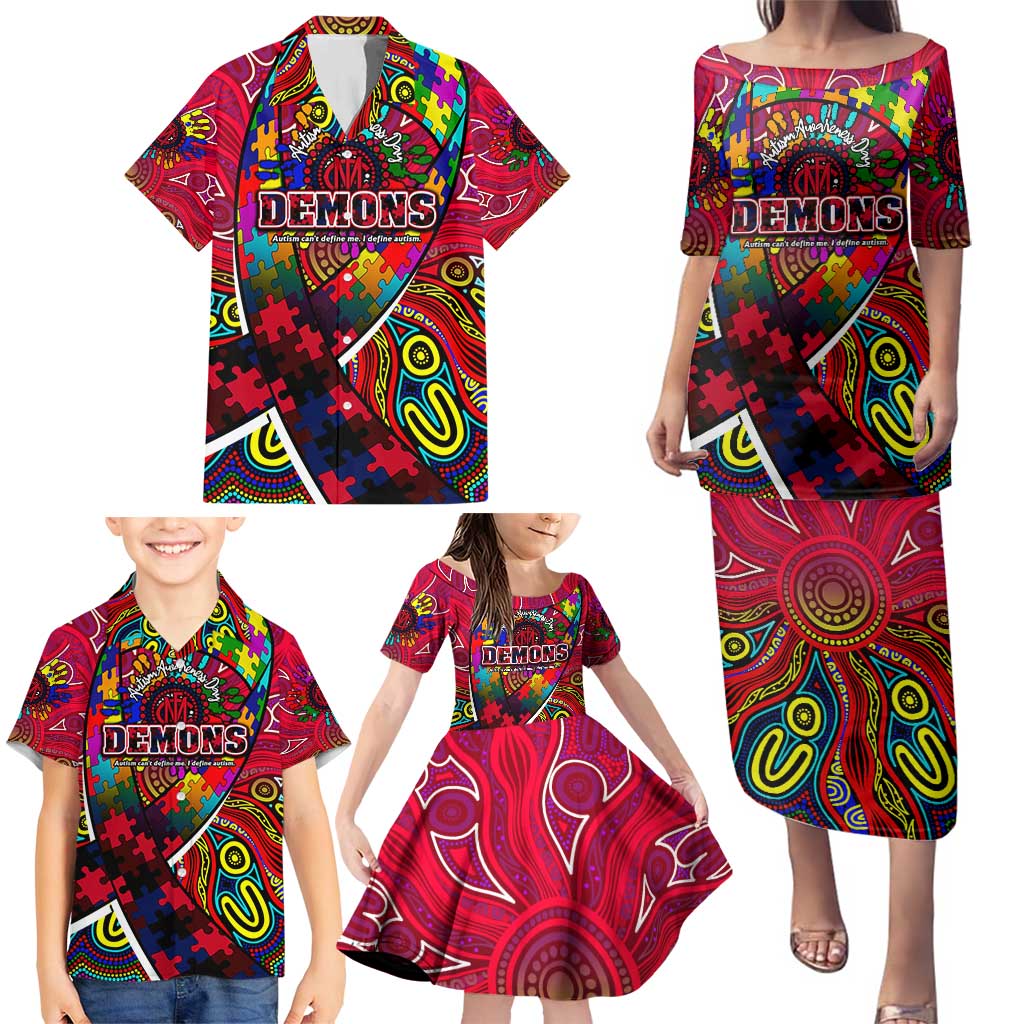 Autism Awareness Australia Melbourne Demons Family Matching Puletasi and Hawaiian Shirt Aboriginal Indigenous Art