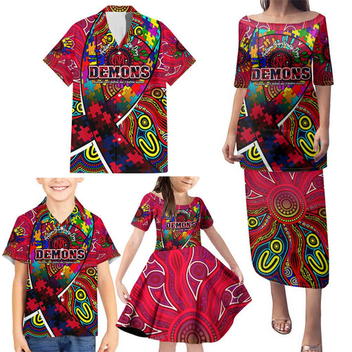 Autism Awareness Australia Melbourne Demons Family Matching Puletasi and Hawaiian Shirt Aboriginal Indigenous Art