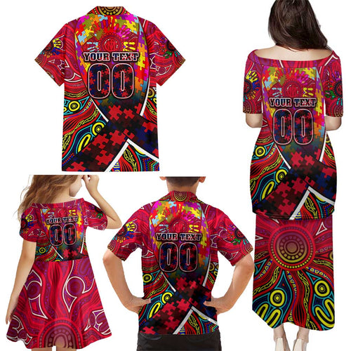 Autism Awareness Australia Melbourne Demons Family Matching Puletasi and Hawaiian Shirt Aboriginal Indigenous Art