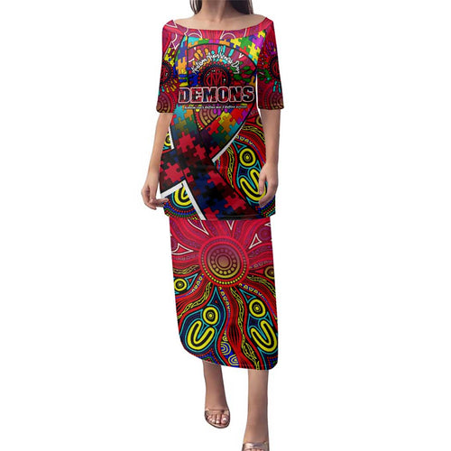 Autism Awareness Australia Melbourne Demons Family Matching Puletasi and Hawaiian Shirt Aboriginal Indigenous Art