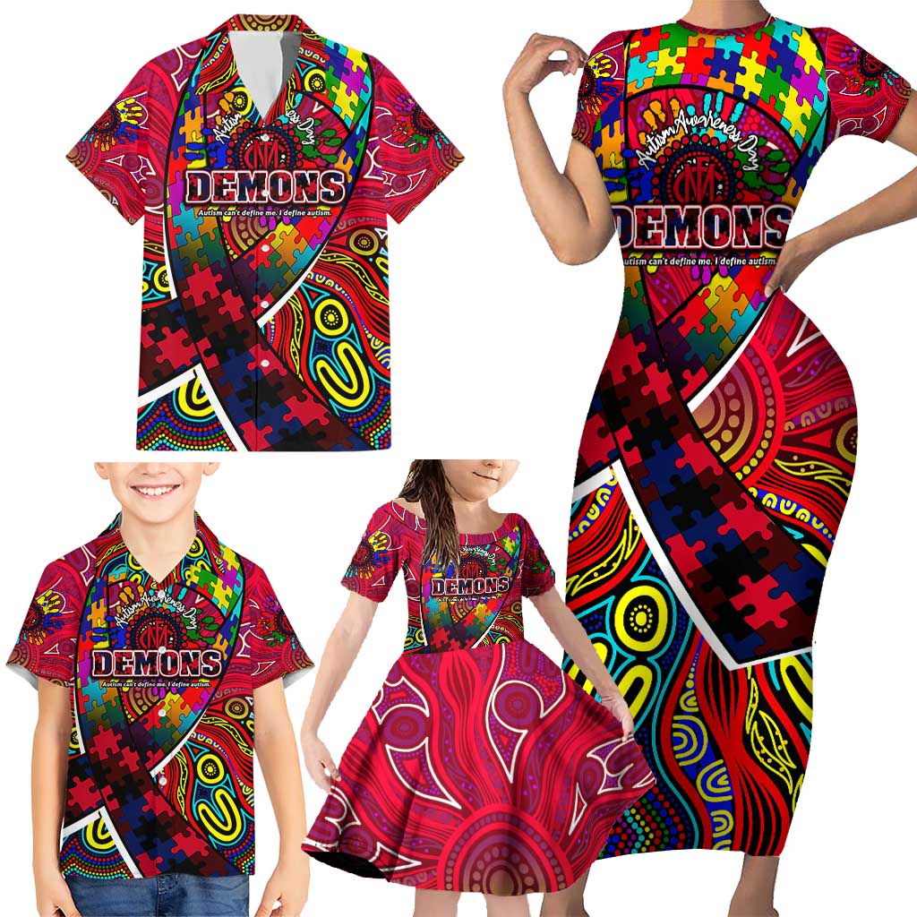 Autism Awareness Australia Melbourne Demons Family Matching Short Sleeve Bodycon Dress and Hawaiian Shirt Aboriginal Indigenous Art