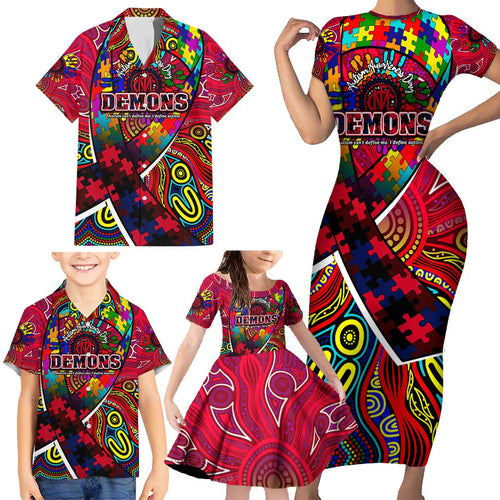 Autism Awareness Australia Melbourne Demons Family Matching Short Sleeve Bodycon Dress and Hawaiian Shirt Aboriginal Indigenous Art