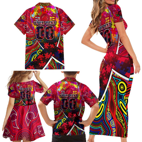 Autism Awareness Australia Melbourne Demons Family Matching Short Sleeve Bodycon Dress and Hawaiian Shirt Aboriginal Indigenous Art