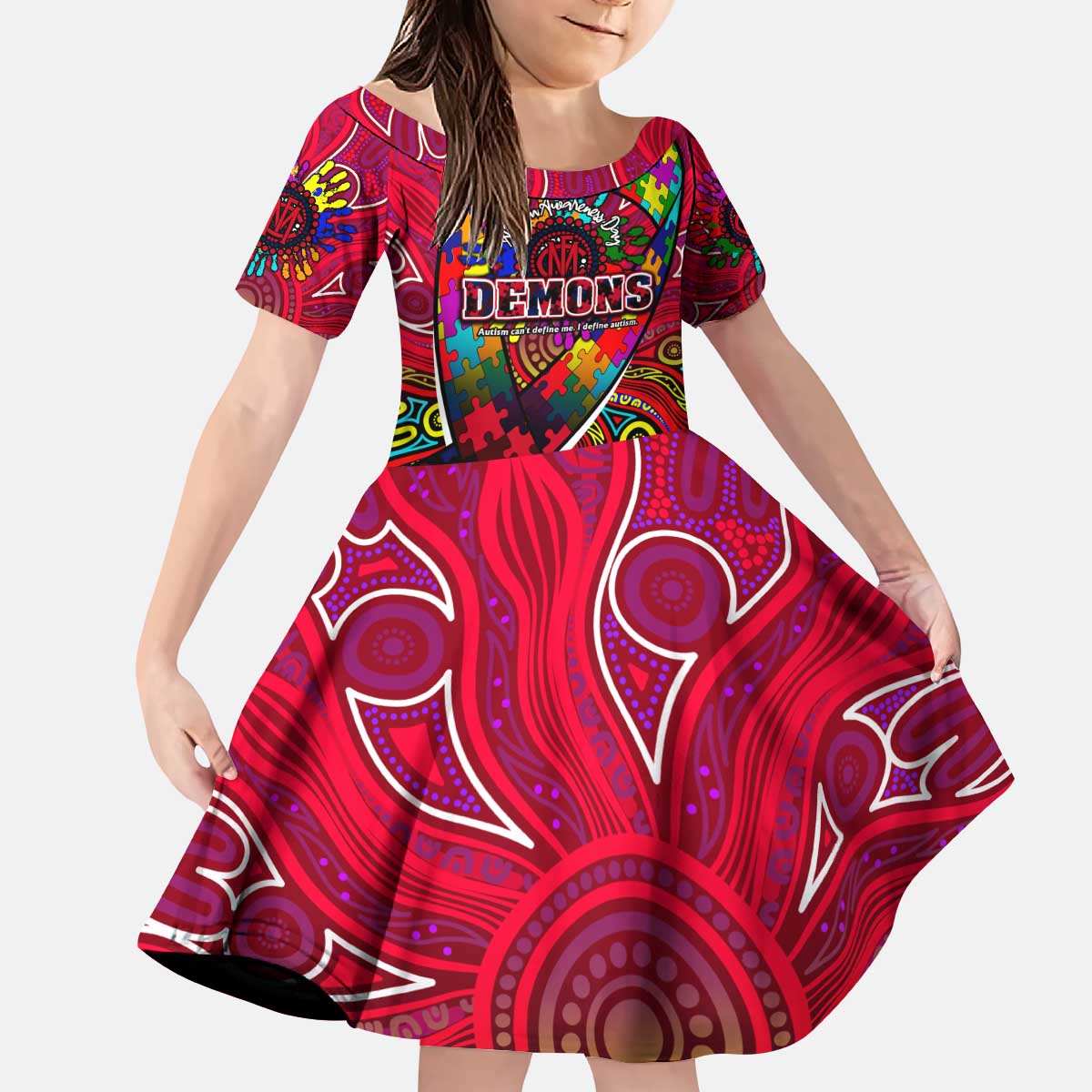 Autism Awareness Australia Melbourne Demons Kid Short Sleeve Dress Aboriginal Indigenous Art