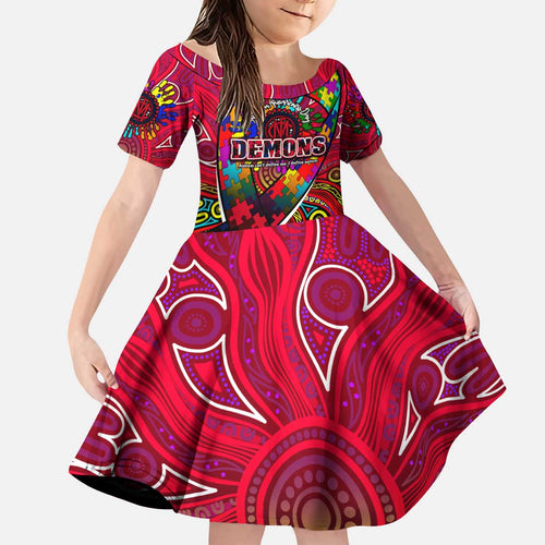 Autism Awareness Australia Melbourne Demons Kid Short Sleeve Dress Aboriginal Indigenous Art
