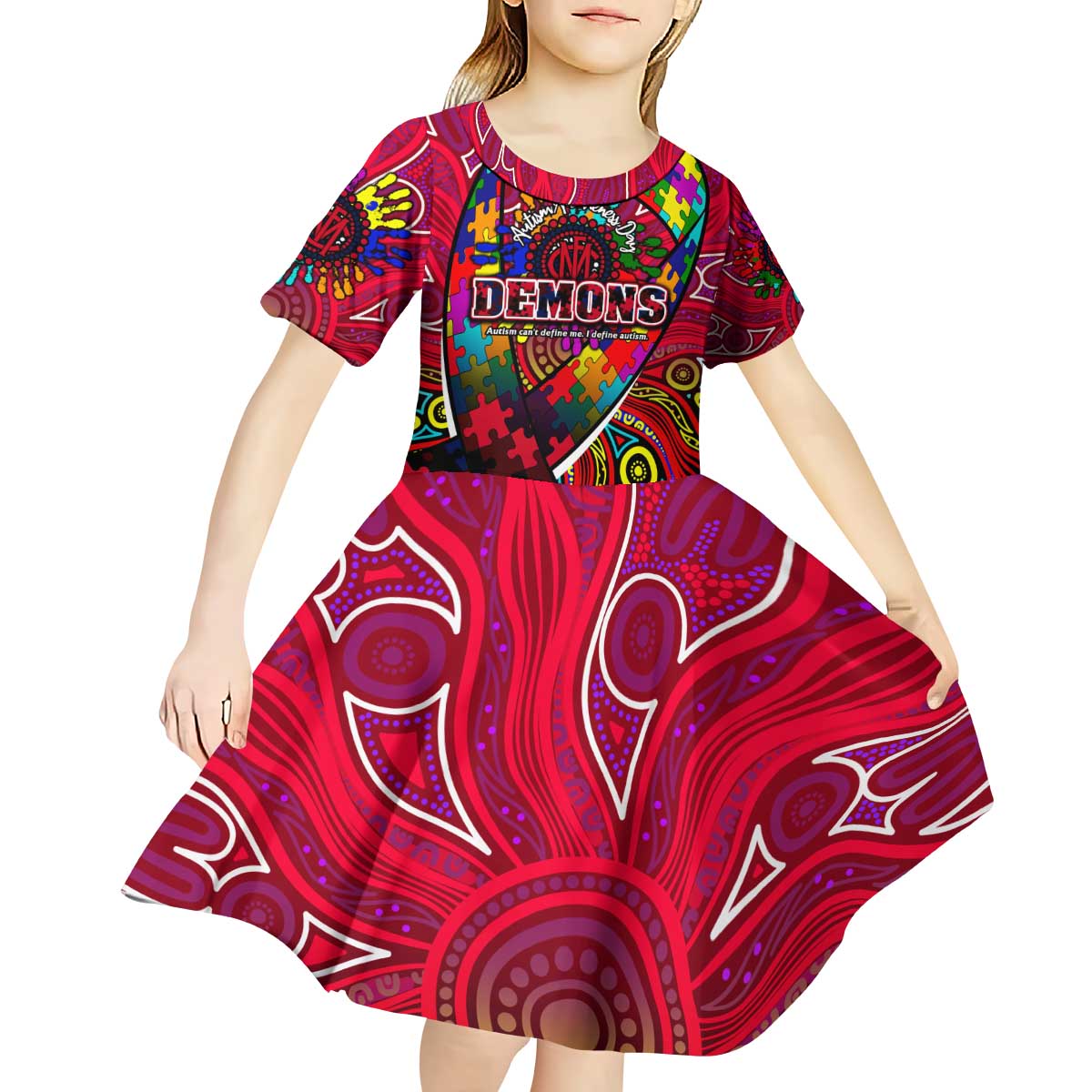 Autism Awareness Australia Melbourne Demons Kid Short Sleeve Dress Aboriginal Indigenous Art