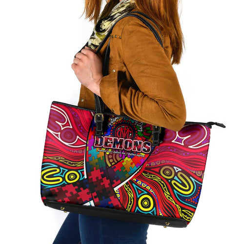 Autism Awareness Australia Melbourne Demons Leather Tote Bag Aboriginal Indigenous Art