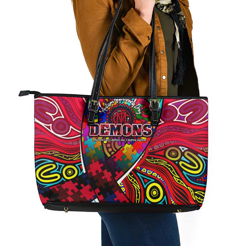 Autism Awareness Australia Melbourne Demons Leather Tote Bag Aboriginal Indigenous Art