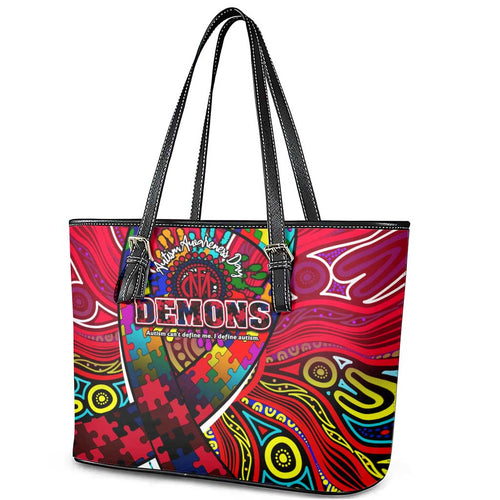 Autism Awareness Australia Melbourne Demons Leather Tote Bag Aboriginal Indigenous Art