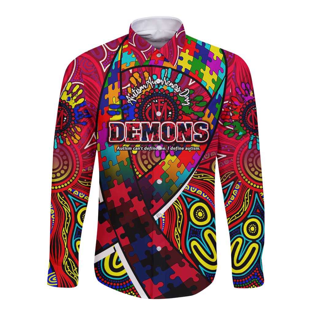 Autism Awareness Australia Melbourne Demons Long Sleeve Button Shirt Aboriginal Indigenous Art