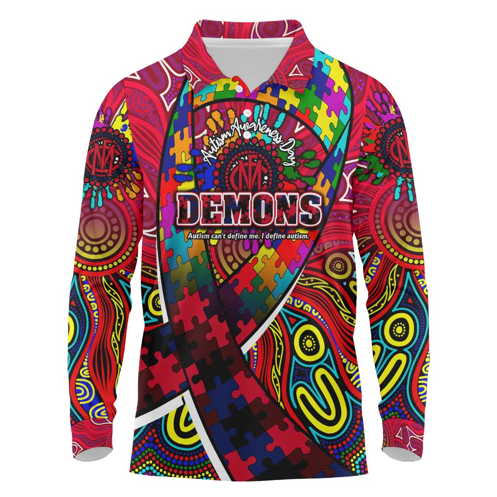 Autism Awareness Australia Melbourne Demons Long Sleeve Polo Shirt Aboriginal Indigenous Art