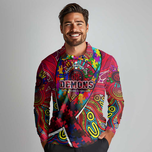 Autism Awareness Australia Melbourne Demons Long Sleeve Polo Shirt Aboriginal Indigenous Art