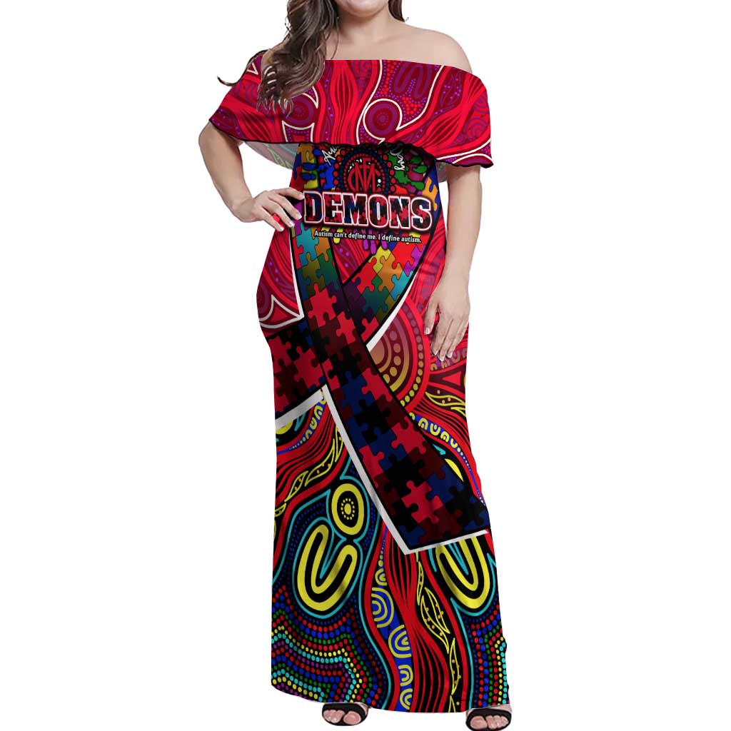 Autism Awareness Australia Melbourne Demons Off Shoulder Maxi Dress Aboriginal Indigenous Art