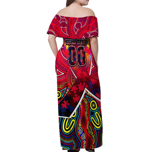 Autism Awareness Australia Melbourne Demons Off Shoulder Maxi Dress Aboriginal Indigenous Art