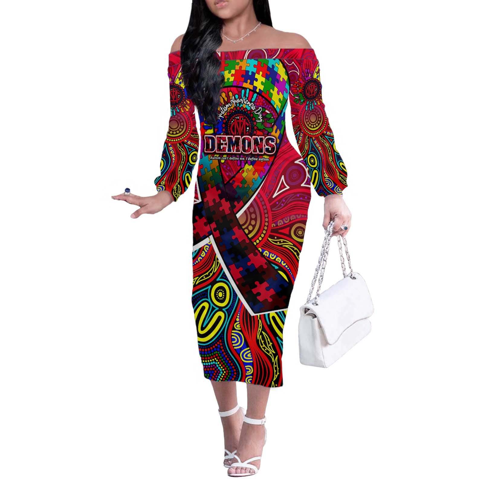 Autism Awareness Australia Melbourne Demons Off The Shoulder Long Sleeve Dress Aboriginal Indigenous Art
