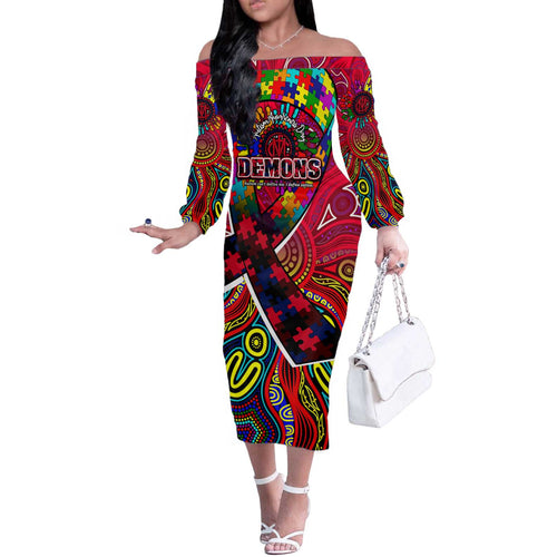 Autism Awareness Australia Melbourne Demons Off The Shoulder Long Sleeve Dress Aboriginal Indigenous Art