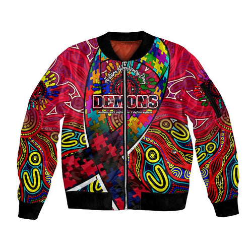 Autism Awareness Australia Melbourne Demons Sleeve Zip Bomber Jacket Aboriginal Indigenous Art
