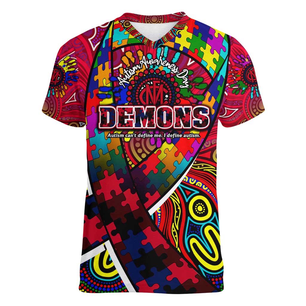 Autism Awareness Australia Melbourne Demons Women V-Neck T-Shirt Aboriginal Indigenous Art