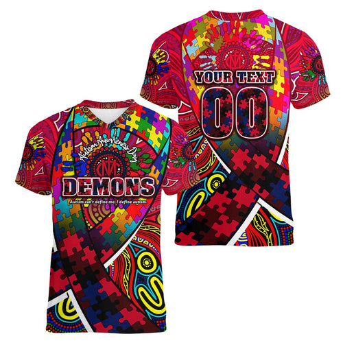 Autism Awareness Australia Melbourne Demons Women V-Neck T-Shirt Aboriginal Indigenous Art