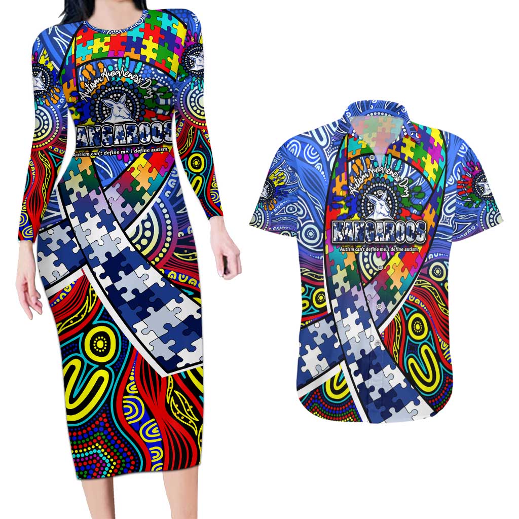 Autism Awareness Australia North Melbourne Kangaroos Couples Matching Long Sleeve Bodycon Dress and Hawaiian Shirt Aboriginal Indigenous Art