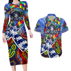 Autism Awareness Australia North Melbourne Kangaroos Couples Matching Long Sleeve Bodycon Dress and Hawaiian Shirt Aboriginal Indigenous Art