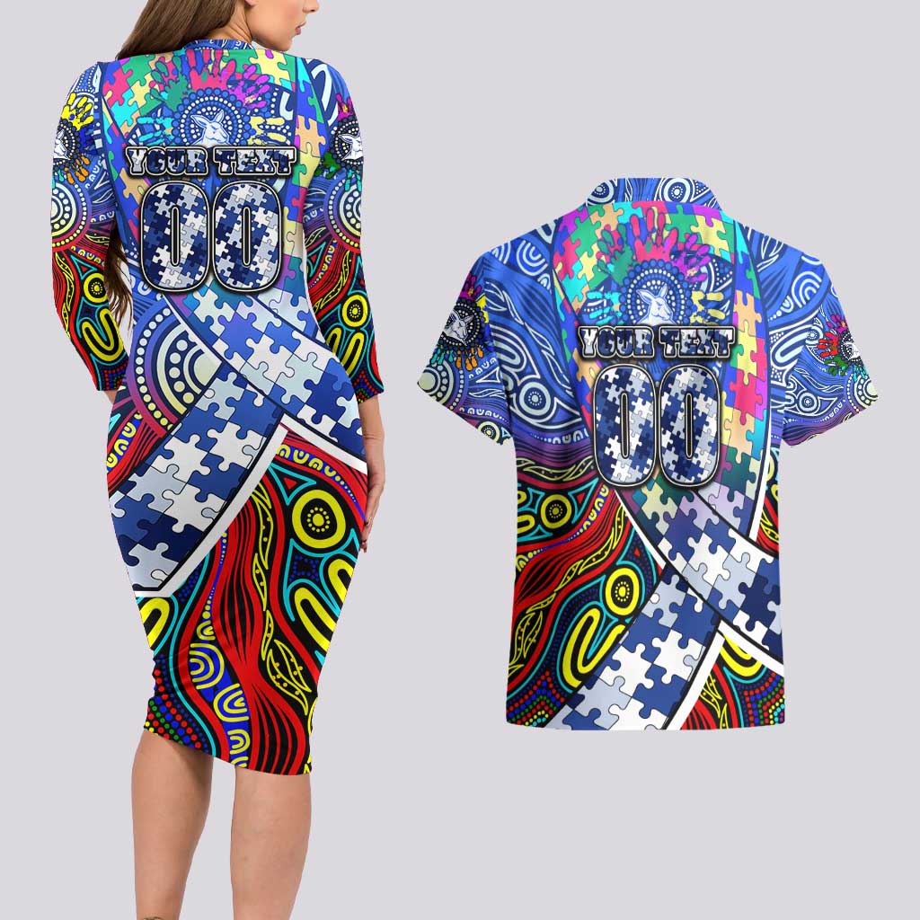 Autism Awareness Australia North Melbourne Kangaroos Couples Matching Long Sleeve Bodycon Dress and Hawaiian Shirt Aboriginal Indigenous Art