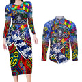 Autism Awareness Australia North Melbourne Kangaroos Couples Matching Long Sleeve Bodycon Dress and Long Sleeve Button Shirt Aboriginal Indigenous Art