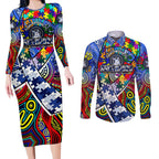Autism Awareness Australia North Melbourne Kangaroos Couples Matching Long Sleeve Bodycon Dress and Long Sleeve Button Shirt Aboriginal Indigenous Art