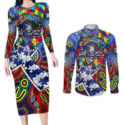 Autism Awareness Australia North Melbourne Kangaroos Couples Matching Long Sleeve Bodycon Dress and Long Sleeve Button Shirt Aboriginal Indigenous Art