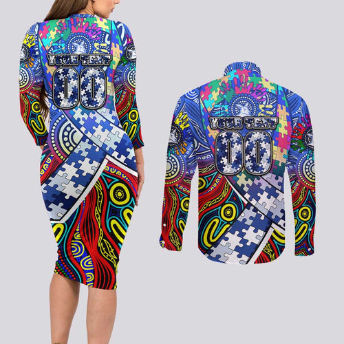 Autism Awareness Australia North Melbourne Kangaroos Couples Matching Long Sleeve Bodycon Dress and Long Sleeve Button Shirt Aboriginal Indigenous Art
