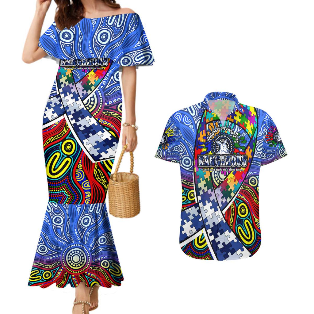 Autism Awareness Australia North Melbourne Kangaroos Couples Matching Mermaid Dress and Hawaiian Shirt Aboriginal Indigenous Art